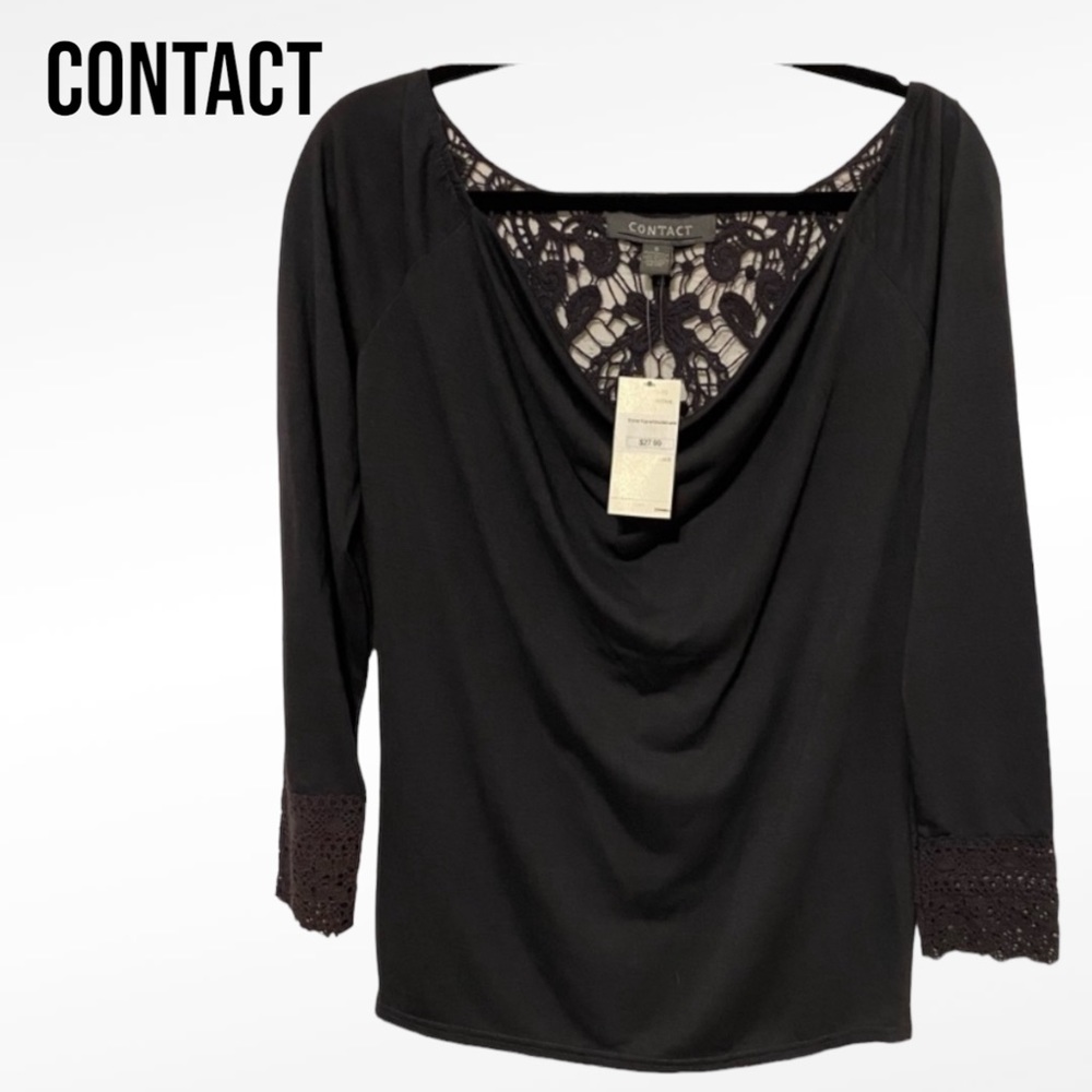 NWT KNIT TOP with CROCHET LACE Charcoal Gray CONTACT Size Small